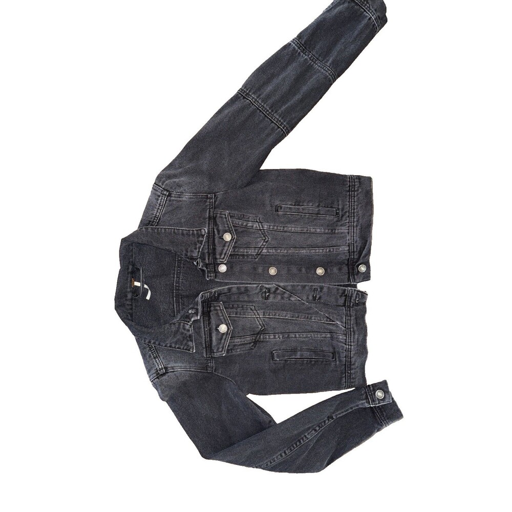 Free People Black Wash Cropped Denim Jacket Fitted Trucker XS Button Front - Picture 5 of 7